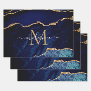 Navy Blue Gold Custom Letter Name Wrapping Paper