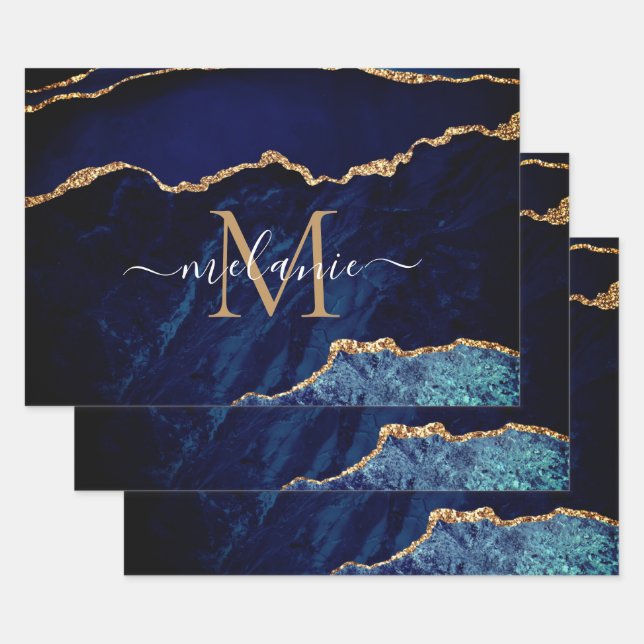 Navy Blue Gold Custom Letter Name Wrapping Paper (Set)