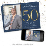 Navy Blue Gold Custom Photo Classy 50th Birthday Invitation<br><div class="desc">Navy Blue Gold Custom Photo Classy 50th Birthday Invitation. Simple yet classy birthday invitation with the birth year milestone in solid gold text effect! This is an editable template and could be used for both male and female. Contact me if you have any questions, I will do my best to...</div>