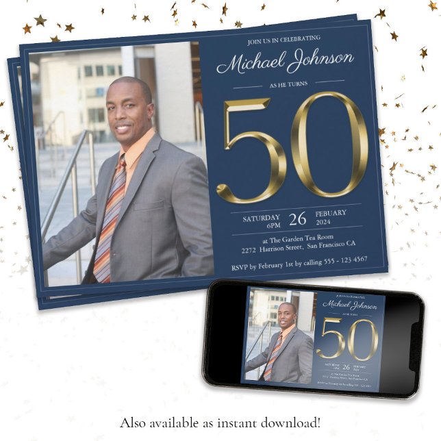 Navy Blue Gold Custom Photo Classy 50th Birthday Invitation (Creator Uploaded)