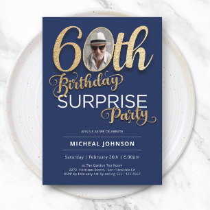 Navy Blue Gold Custom Photo Surprise 60th Birthday Invitation