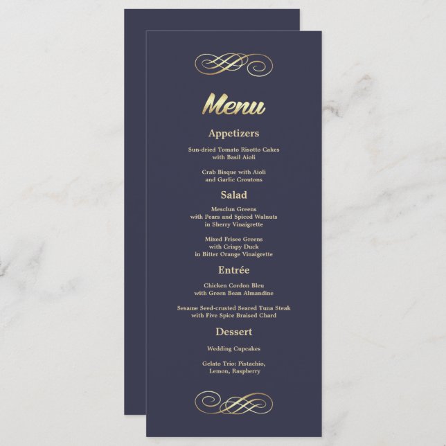 Navy Blue | Gold Custom Wedding Menu Cards (Front/Back)