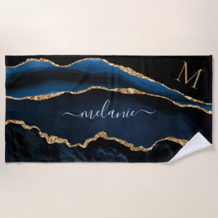Navy Blue Gold Custom Your Name Letter Beach Towel