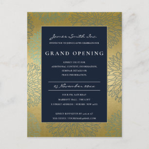 NAVY BLUE GOLD DAHLIA FLORAL GRAND OPENING INVITE POSTCARD