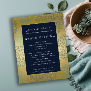 NAVY BLUE GOLD DAHLIA FLORAL GRAND OPENING INVITE POSTCARD
