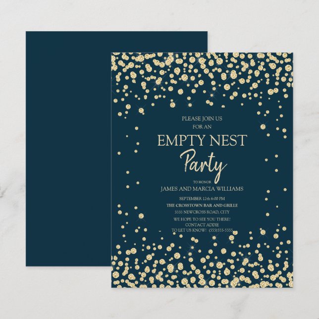 Navy Blue Gold Diamond Glitter Empty Nest Party Card (Front/Back)