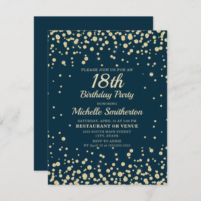 Navy Blue Gold Diamond Glitter Women 18th Birthday Card (Front/Back)