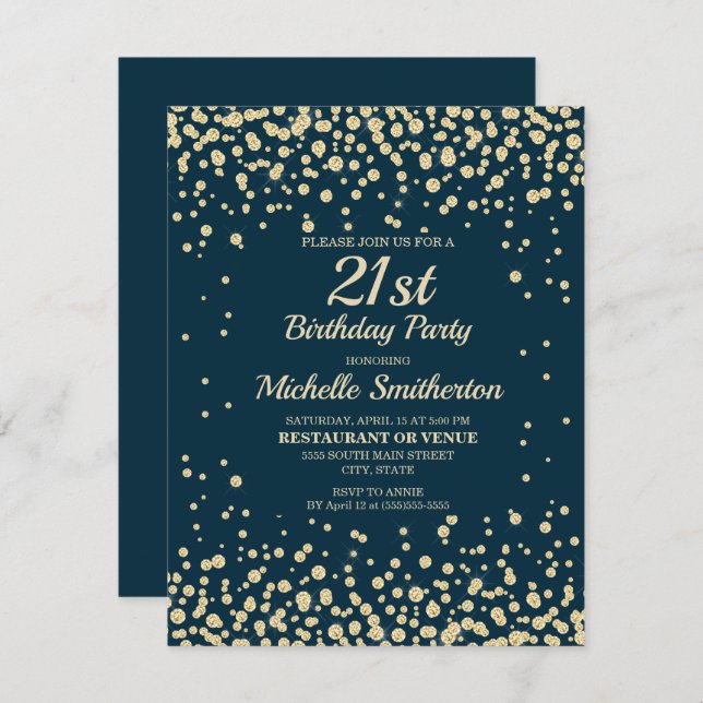 Navy Blue Gold Diamond Glitter Women 21st Birthday Card (Front/Back)