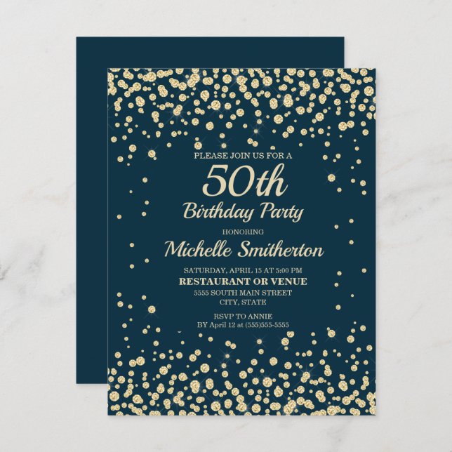 Navy Blue Gold Diamond Glitter Women 50th Birthday Card (Front/Back)