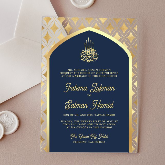 Navy Blue Gold Diamonds Arch Muslim Wedding Acrylic Invitations (Creator Uploaded)
