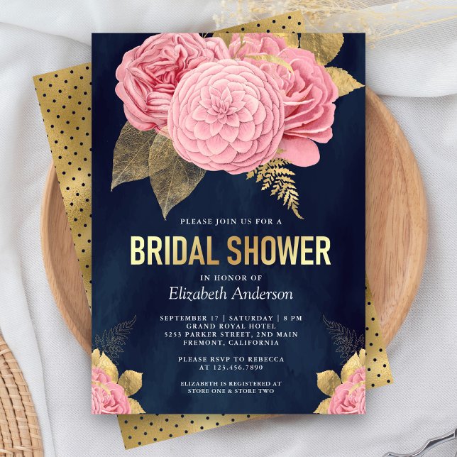 Navy Blue Gold Dusty Pink Floral Bridal Shower Invitation (Creator Uploaded)
