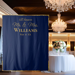 Navy Blue Gold Edge Mr Mrs Wedding Wall Backdrop Tapestry