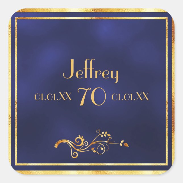 Navy blue gold elegant 70th birthday square sticker (Front)
