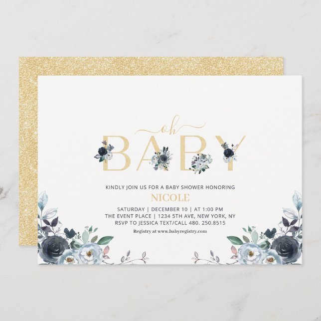 Navy Blue & Gold Elegant Boho Floral Baby Shower Invitation (Front/Back)