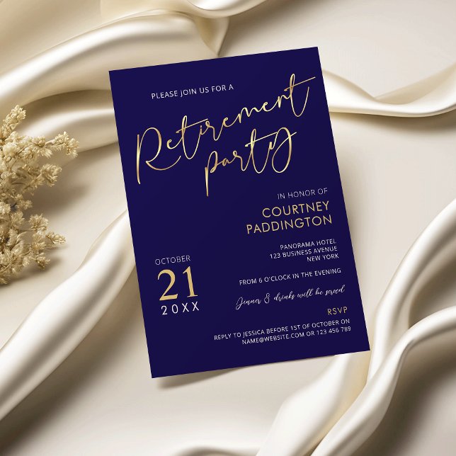 Navy Blue & Gold Elegant Classic Retirement Party Invitation (Modern navy and faux gold retirement party invitation)