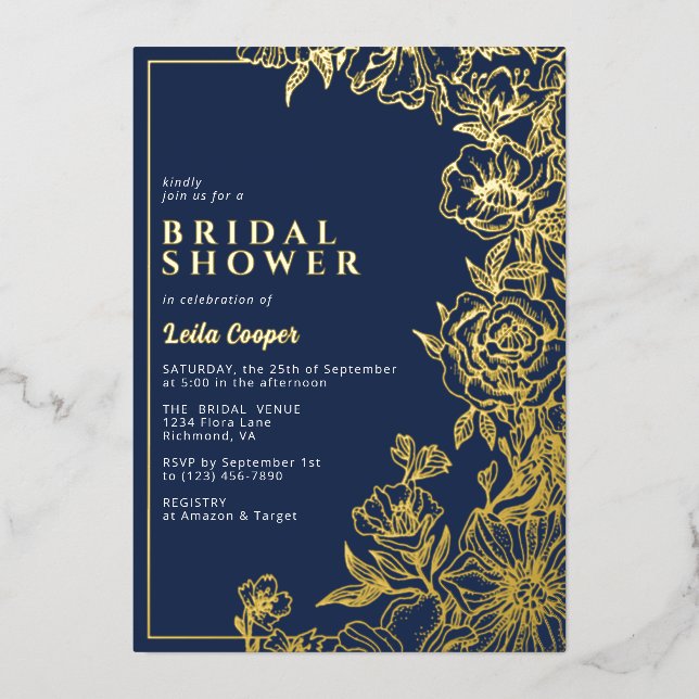 Navy Blue & Gold | Elegant Floral Bridal Shower (Front)
