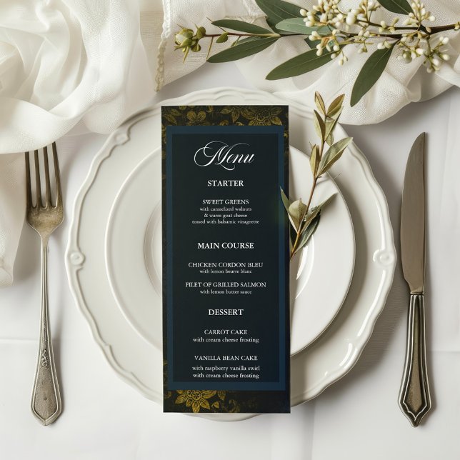 Navy Blue & Gold Elegant Floral Wedding Menu (Creator Uploaded)
