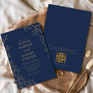 Navy Blue Gold Elegant Minimalist QR Code Wedding Invitation