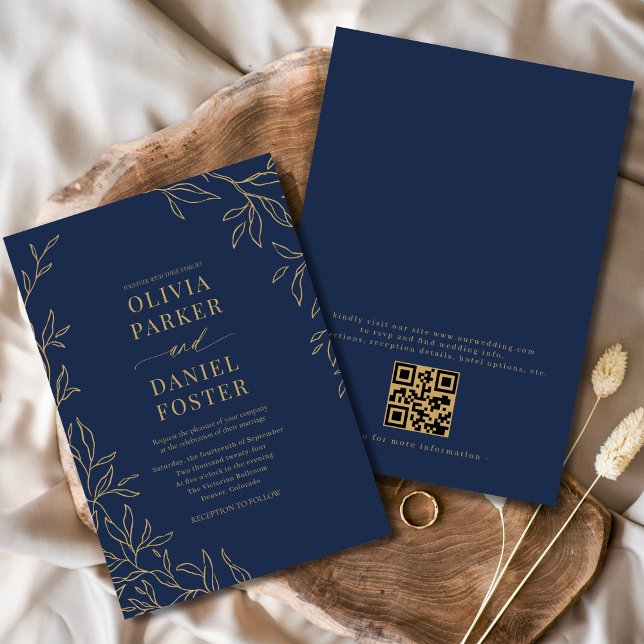Navy Blue Gold Elegant Minimalist QR Code Wedding Invitation (Creator Uploaded)