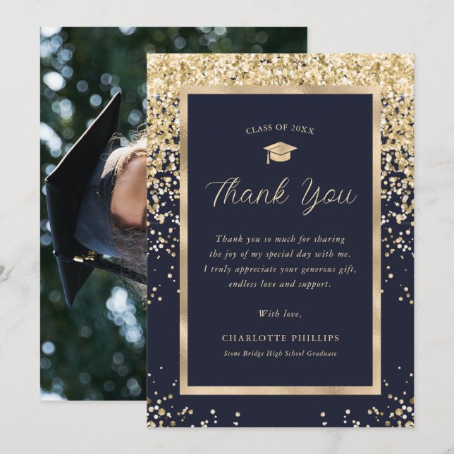 Navy Blue Gold Elegant Modern Photo Graduation Thank You Card (Front/Back)
