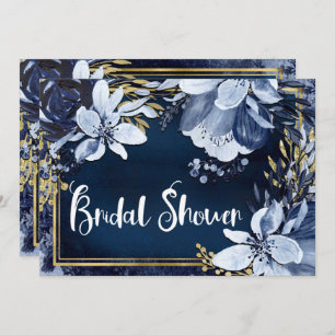 Navy Blue & Gold Elegant Modern Watercolor Floral Invitation