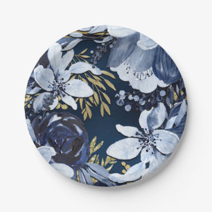 Navy Blue & Gold Elegant Modern Watercolor Floral Paper Plate