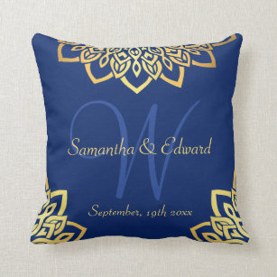 Navy Blue Gold Elegant Monogram Wedding Cushion