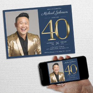 Navy Blue Gold Elegant Photo 40th Birthday Party Invitation