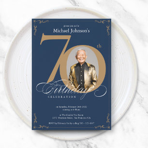 Navy Blue Gold Elegant Photo 70th Birthday Party Invitation