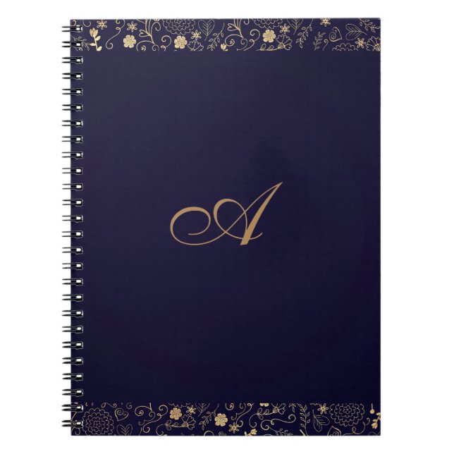 Navy Blue & Gold Elegant Rustic Floral Foil Notebook (Front)