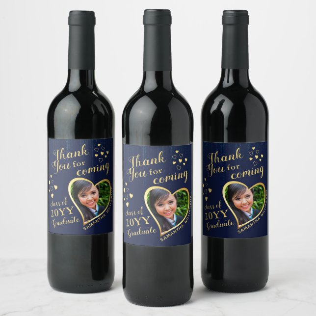Navy Blue Gold Elegant Thank You 2025 Graduation Wine Label (Bottles)