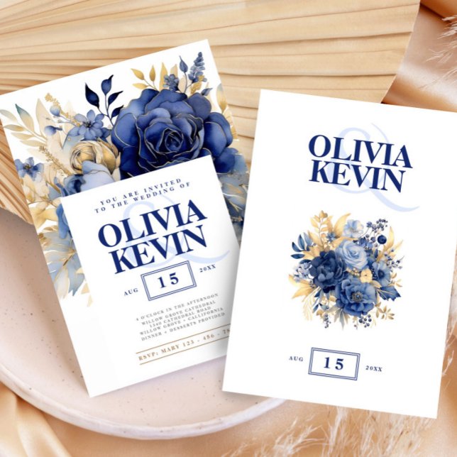 Navy blue & gold elegant wedding floral watercolor invitation (Navy Blue & Gold Wedding Floral Watercolor Elegant Invitation, Floral Save The Date Cards)