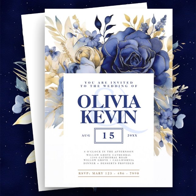 Navy blue & gold elegant wedding floral watercolor invitation (Creator Uploaded)