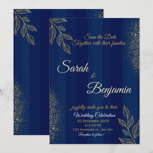 Navy Blue Gold Elegant Wedding Invitation (Front/Back)