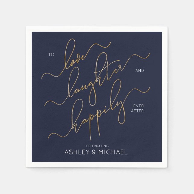 Navy Blue Gold Engagement Party Happily Ever After Napkin (Front)