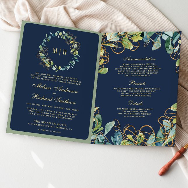 Navy Blue Gold Eucalyptus Wreath QR Code Wedding Invitation (Creator Uploaded)