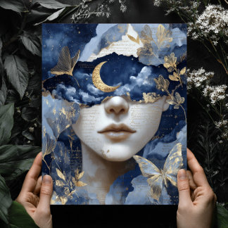 Navy Blue Gold Fantasy Surreal Moon Woman Wall Art