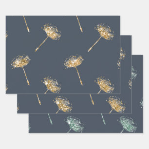 Navy Blue Gold Faux Glitter Dandelion Flowers Wrapping Paper Sheet