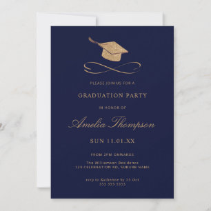 Navy Blue & Gold Faux Glitter Graduation  Invitation
