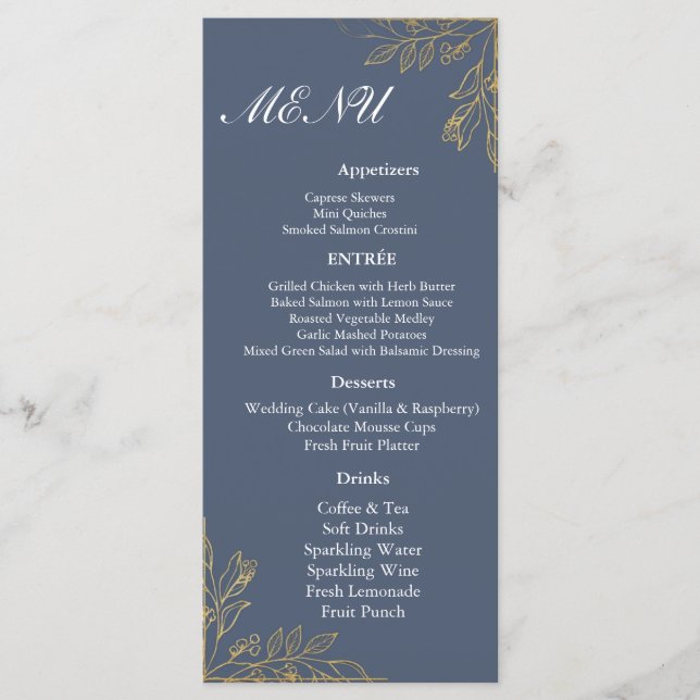 Navy Blue Gold Feather Modern Wedding Reception  Menu (Front)