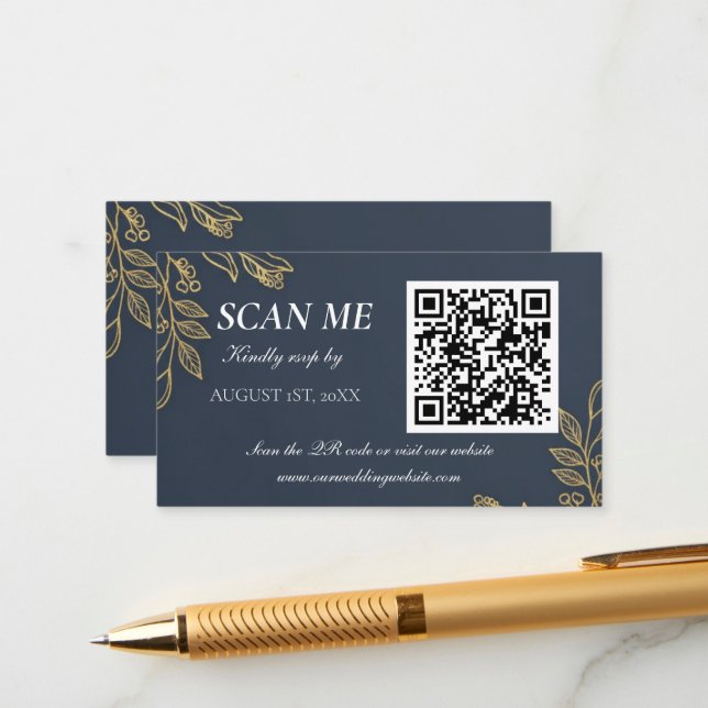 Navy Blue Gold Feather Wedding RSVP Enclosure Card (Front/Back In Situ)