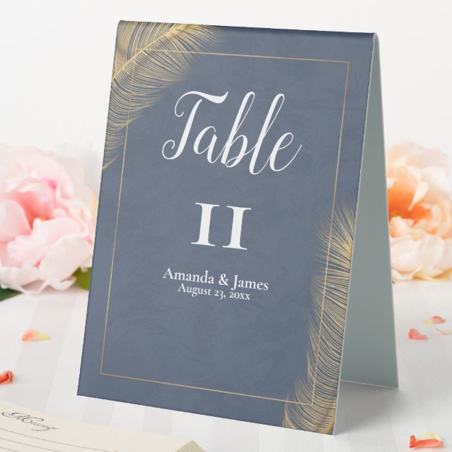 Navy Blue Gold Feather Wedding Table Number Sign (In SItu (Wedding))