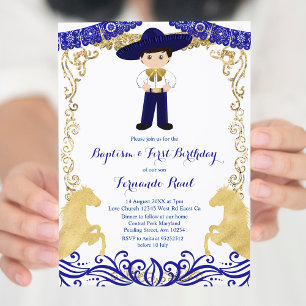 Navy Blue Gold Fiesta Boy Baptism Birthday  Invitation