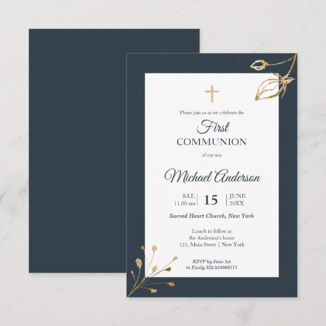 Navy Blue Gold First Communion Religious event Invitation (Front/Back)