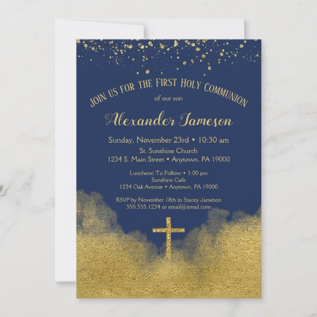 Navy Blue Gold First Holy Communion Invitation (Front)