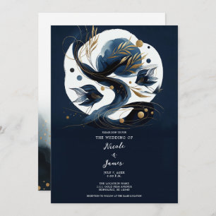 Navy Blue & Gold Fish Beach Wedding Invitation