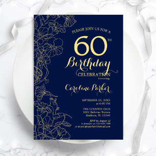 Navy Blue Gold Floral 60th Birthday Party Invitation