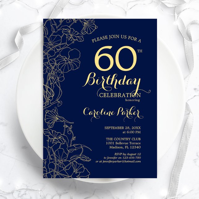 Navy Blue Gold Floral 60th Birthday Party Invitation (Creator Uploaded)