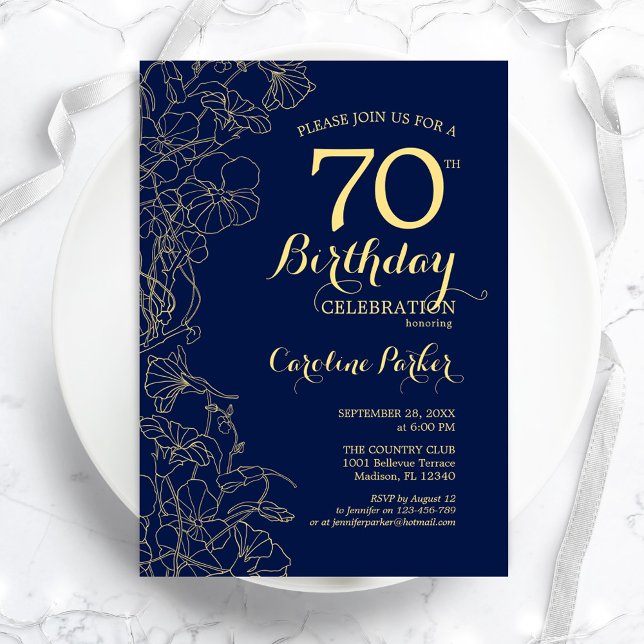Navy Blue Gold Floral 70th Birthday Party Invitation (Creator Uploaded)