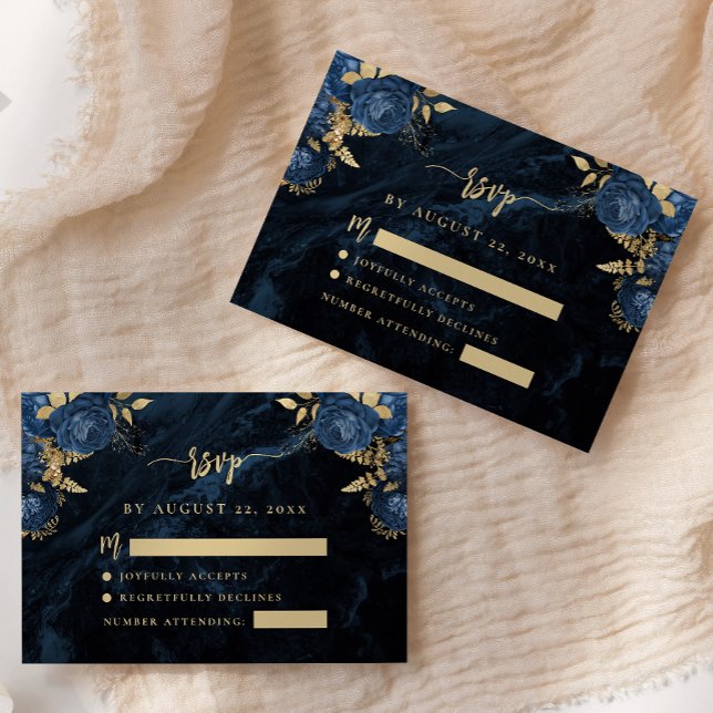 Navy Blue Gold Floral Agate Script Wedding RSVP Enclosure Card (Creator Uploaded)